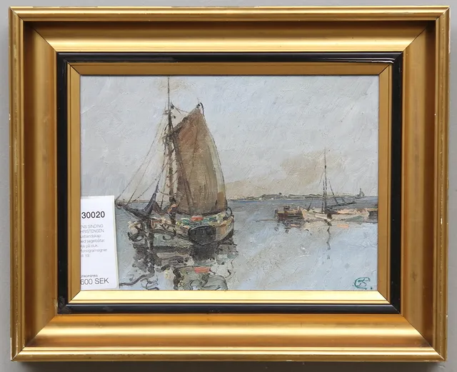 JENS SINDING CHRISTENSEN. Kustlandskap med segelbåtar. Olja på duk. Monogramsignerad.