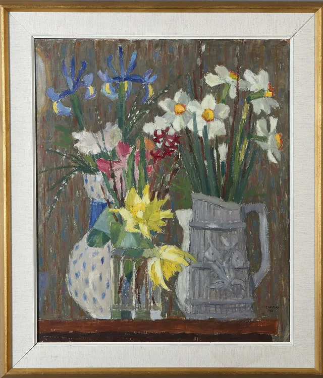 CARIN AX. Blomstermotiv, olja på pannå, signerad, daterad 1958.