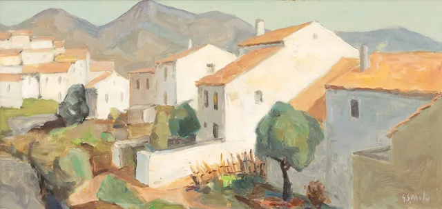 GUNNAR S MALM (1909-1986). Sydländskt stadsbild, olja på pannå, signerad.