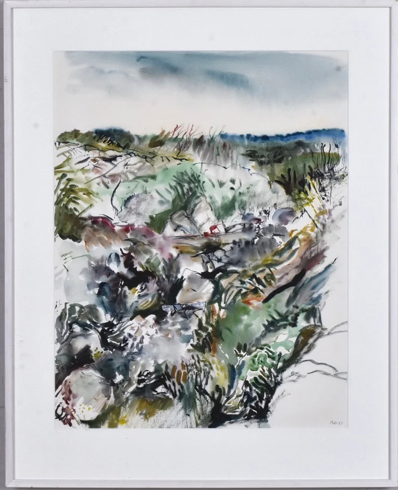 MIA LUNDQVIST. akvarell, "Strukturlandskap Steninge II". — Paintings — Halmstads Auktionskammare