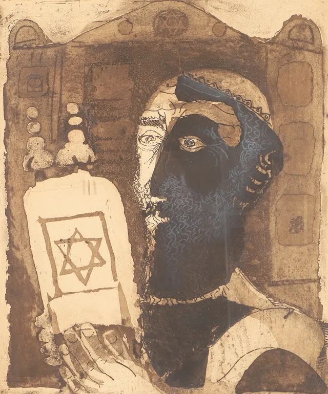 LENNART ROSENSOHN. Rabbin med torah, etsning, signerad Rosensohn.