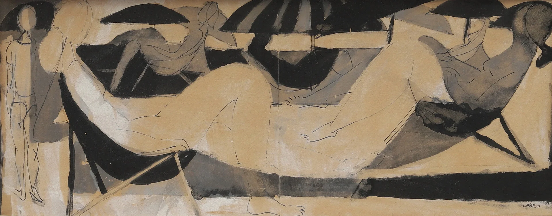 LENNART FRISK (1918-1991). Solbadare, blandteknik på papper, signerad och daterad -51. — Paintings — Garpenhus Auktioner