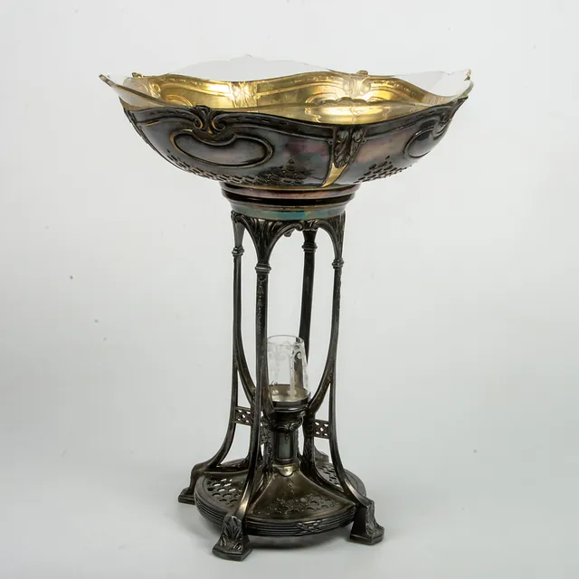 SKÅL PÅ FOT, nysilver/glas, jugend.