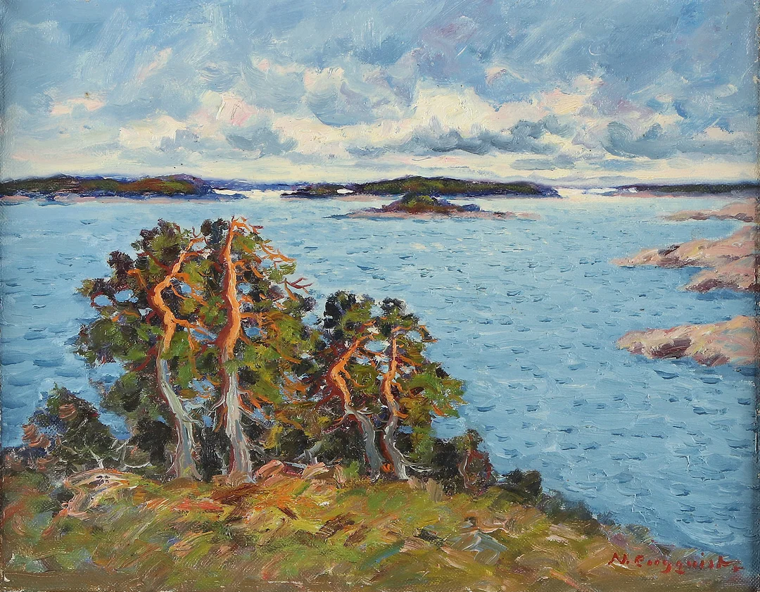 NILS ENGQVIST. Oljemålning på duk. Tallar i skärgårdsmiljö. Signerad. — Paintings — Skånes Auktionsverk