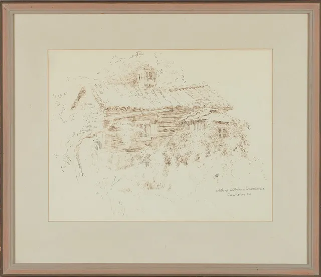 UNO STALLARHOLM (1894-1974). "Soldattorp vid Strängnäs...", signerad och daterad Stallarholm 60, tuschteckning.