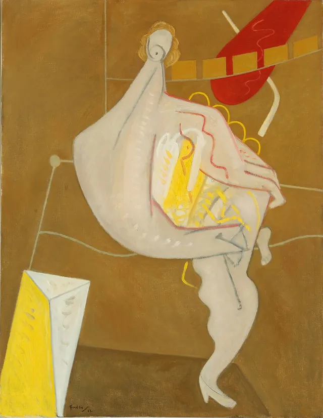 “Fornem dame i sit boudoir”, 1983. Signed Freddie 83. Oil on canvas. 100×81 cm.