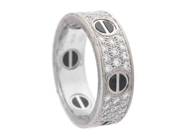 CARTIER, ring, Love, 18K vitguld, keramik, briljantslipade diamanter 0,77 ctv, serienr OD9382, stl 56, vikt 10,6 g, kraftigt slitage, certifikat.