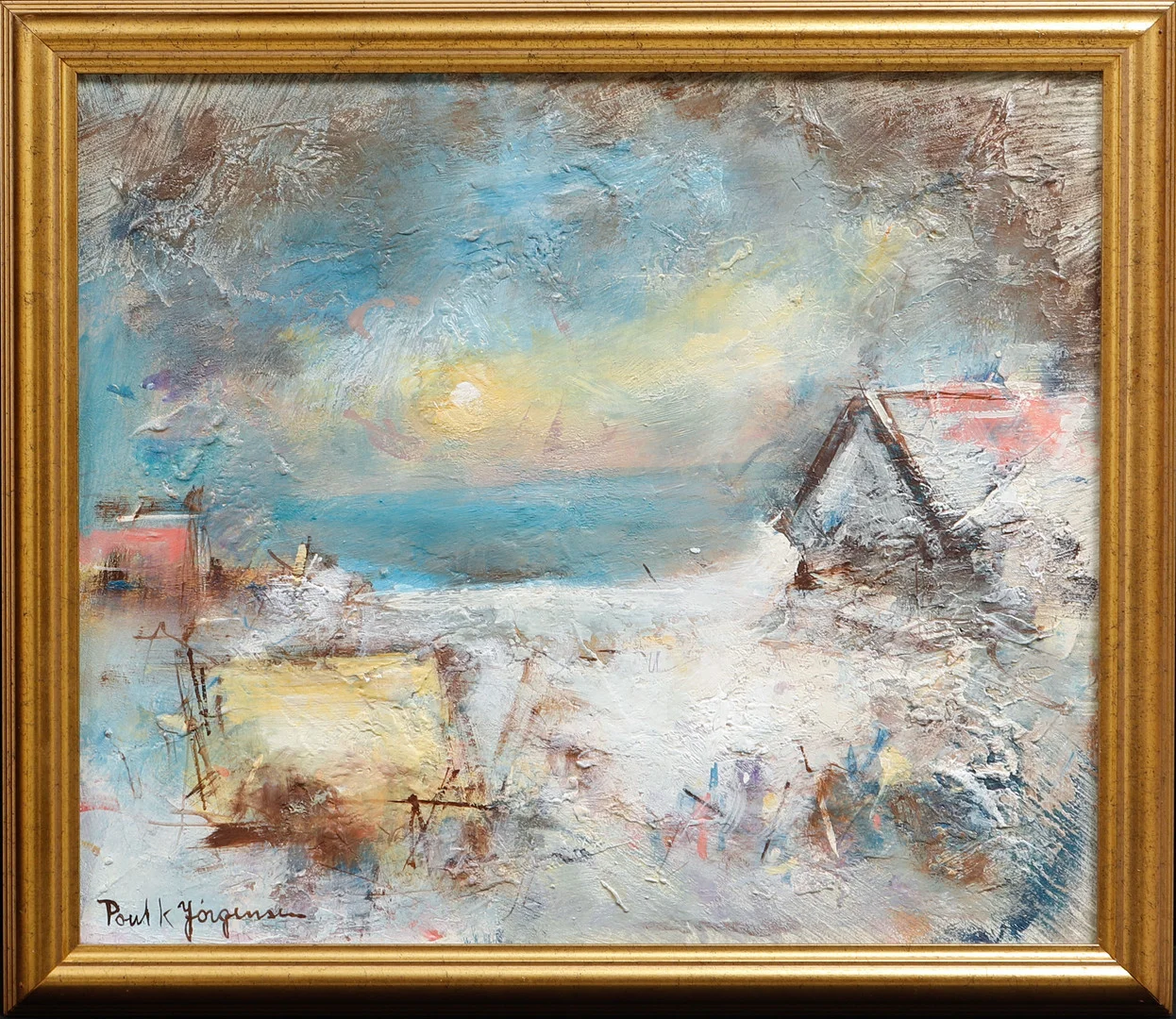 POUL K JÖRGENSEN. "Fiskarstugor Bornholm", olja på pannå, signerad och daterad a tergo 2001. — Paintings — Göteborgs Auktionsverk