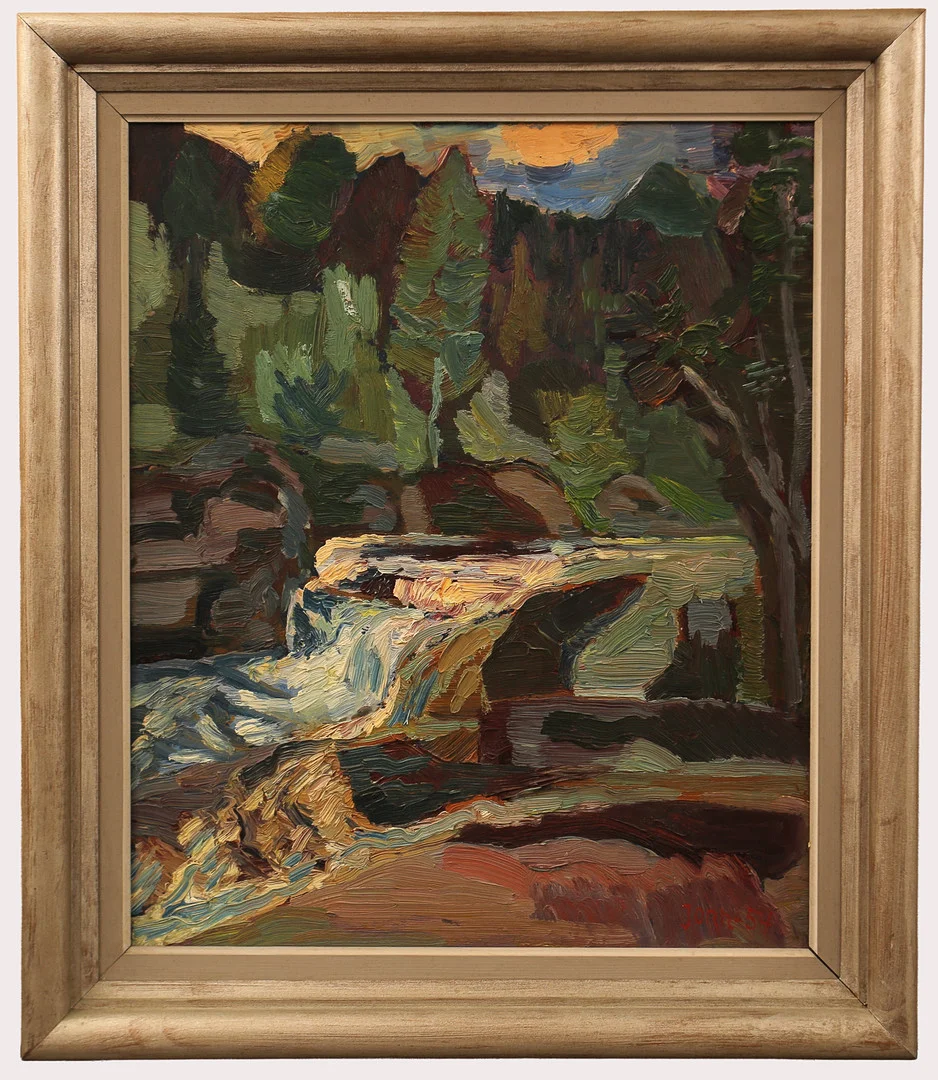 GUNNAR JONN. Landskap med vattendrag, signerad, daterad 1954. — Paintings — Limhamns Auktionsbyrå