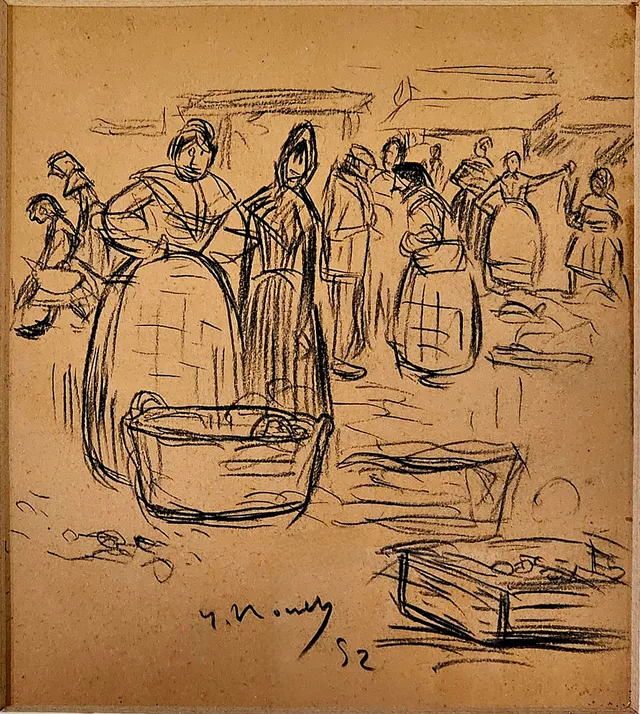 ISIDRE NONELL. En el mercado, dibujo sobre carbón.