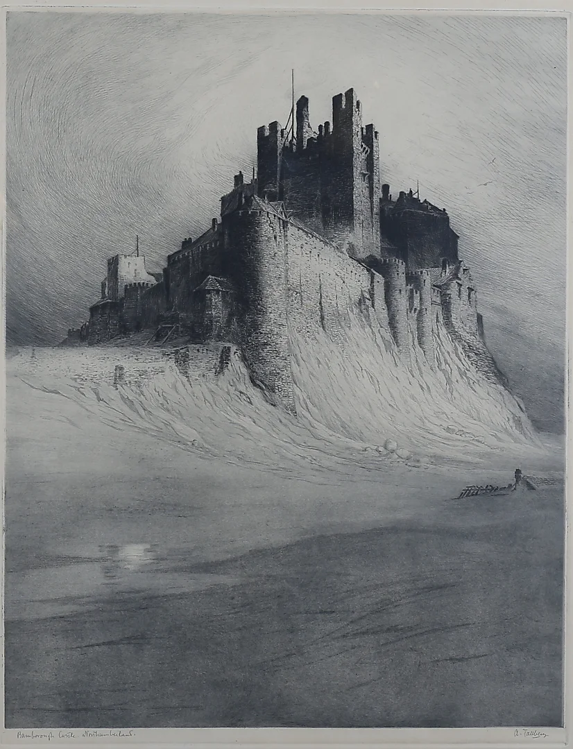 AXEL TALLBERG. Etsning, "Bamborough Castle. Northumberland", signerad. — Engravings & Prints — Auktionshuset Thelin & Johansson