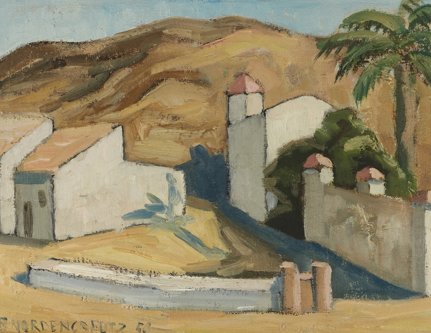 BRITA NORDENCREUTZ (1899-1982), Sydländsk by, signerad och daterad, 1950-tal, olja på duk, uppfodrad på pannå. — Paintings — Crafoord Auktioner Stockholm
