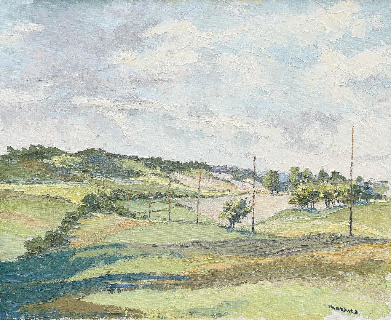 STIG EH ROUSK. olja på duk, landskap med elledning, signerad, daterad -81. — Paintings — Auktionsmagasinet Vänersborg