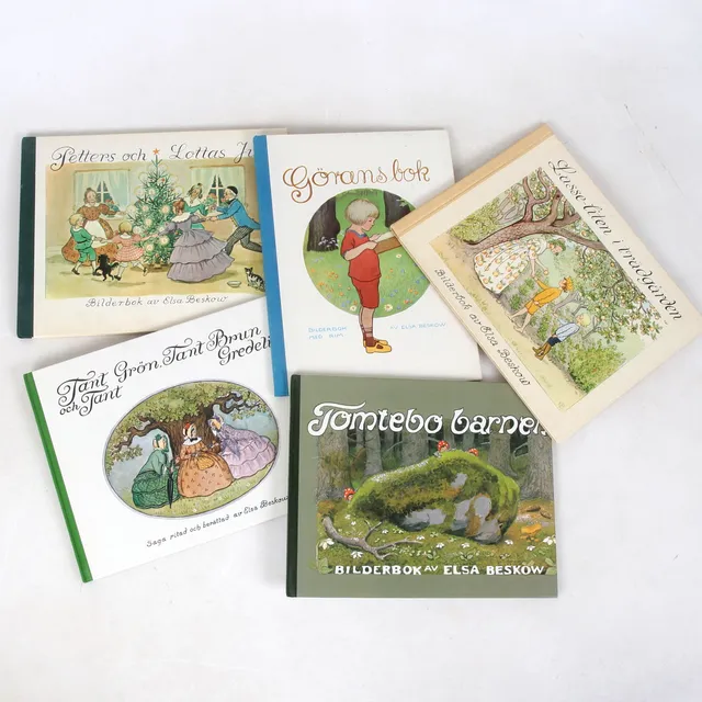 ELSA BESKOW. Böcker 5 st, bl.a. Lasse-liten i trädgården, Petters och Lottas Jul, Bonniers förlag.