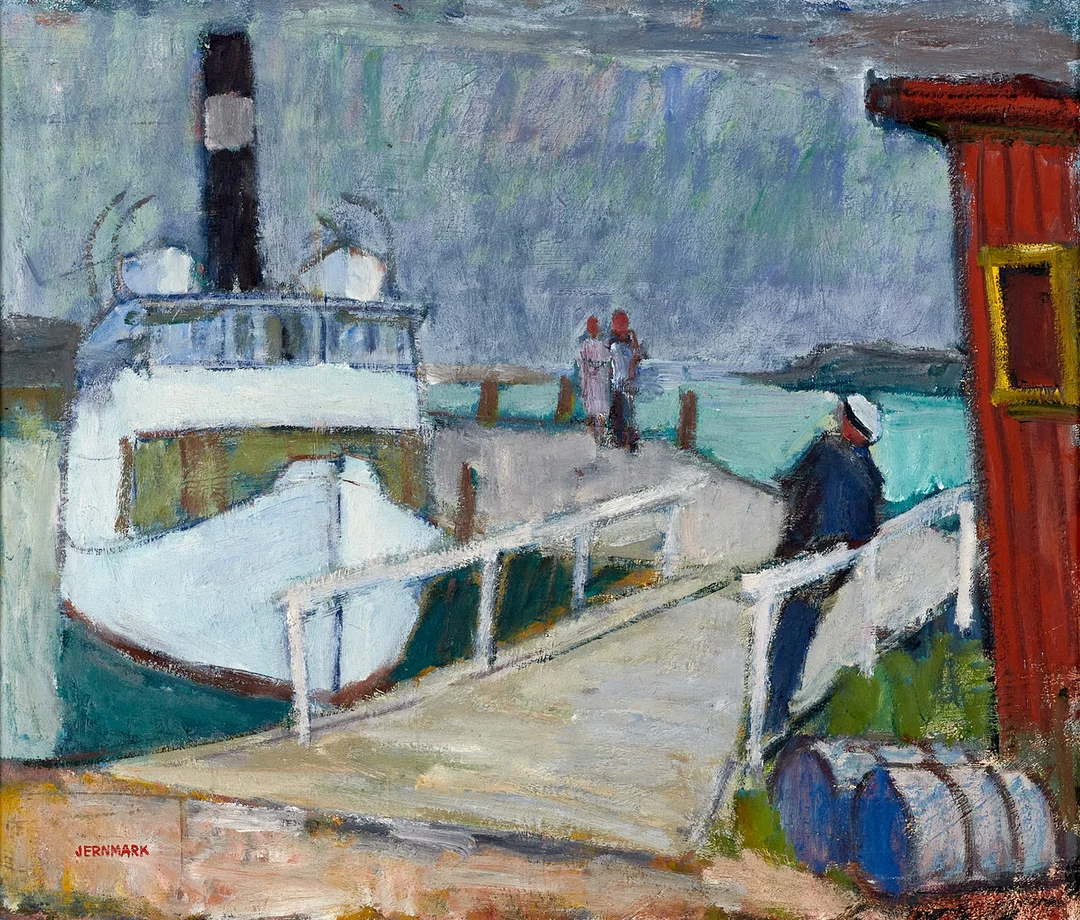 SIGGE JERNMARK (Sverige, 1887-1982): Ångbåtsbryggan Rörö, signerad Jernmark, olja på duk uppfodrad på pannå. — Paintings — Crafoord Auktioner Stockholm