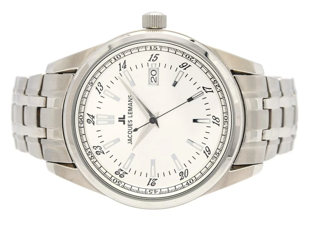 JACQUES LEMANS, Liverpool, Boett nr. 1-1443, herrur, 44 mm, stål, quartz (går ej), mineralglas, datum, originallänk, viklås, ca 2005. — Klockor/Jacques Lemans — Kaplans