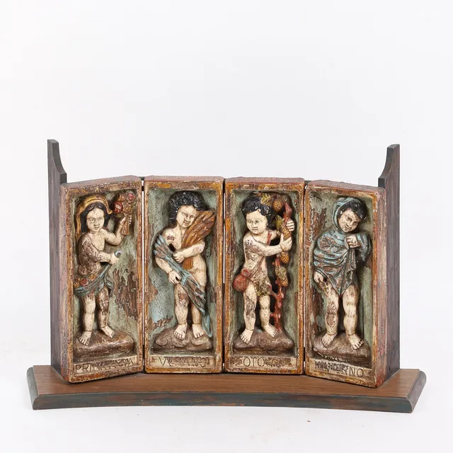 Vier reliefierte und polychrom gefasste Holztafeln, Jahreszeiten, Italien.