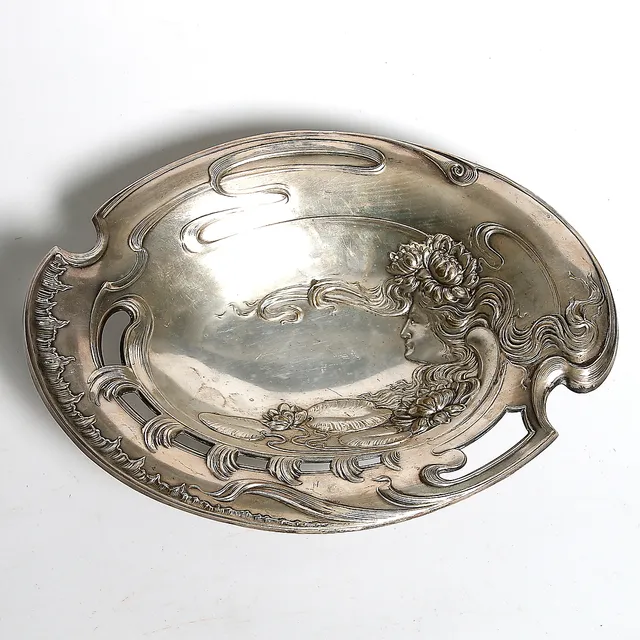 SKÅL på FOT, nysilver, Jugend, sannolikt Württembergische Metallwarenfabrik WMF, Tyskland. Kring sekelskiftet 18/1900.