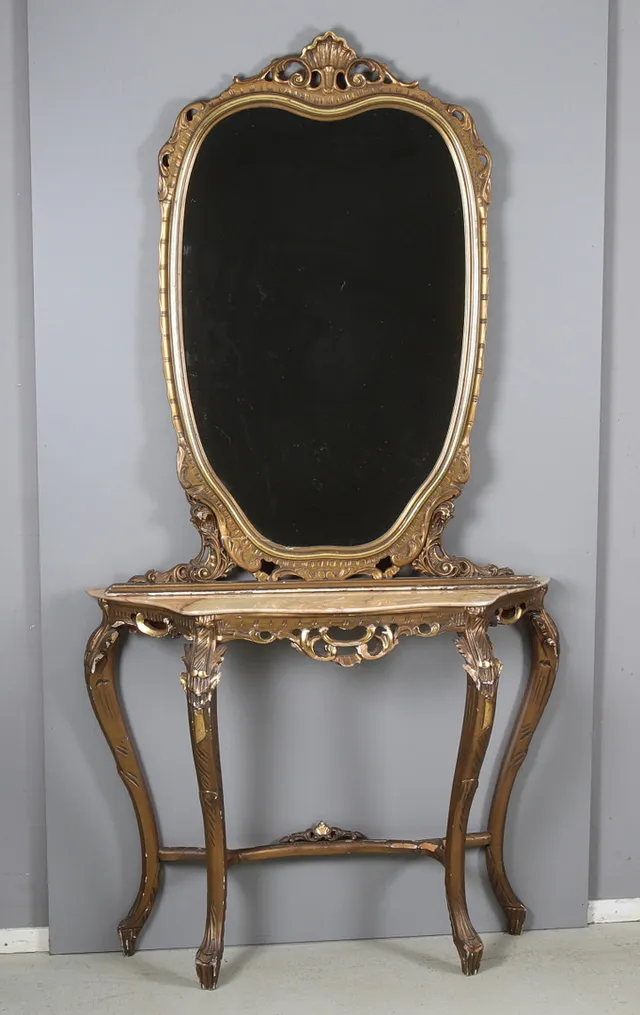 SPEGEL med KONSOLLBORD, 2 delar, nyrokokostil. 1900-tal.