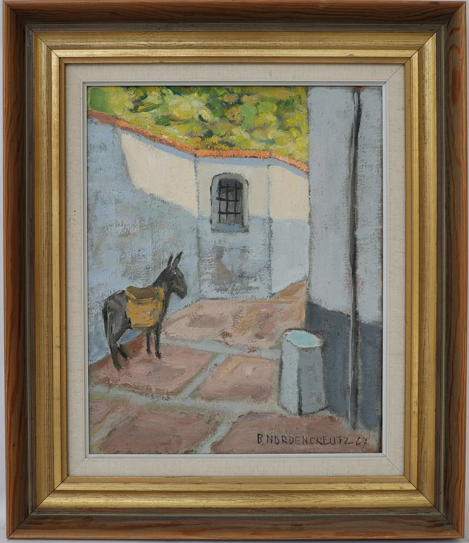 BRITA NORDENCREUTZ. Sydländskt landskap med åsna, oljemålning på duk, signerad och daterad 67. — Paintings — Falun Auktionsbyrå