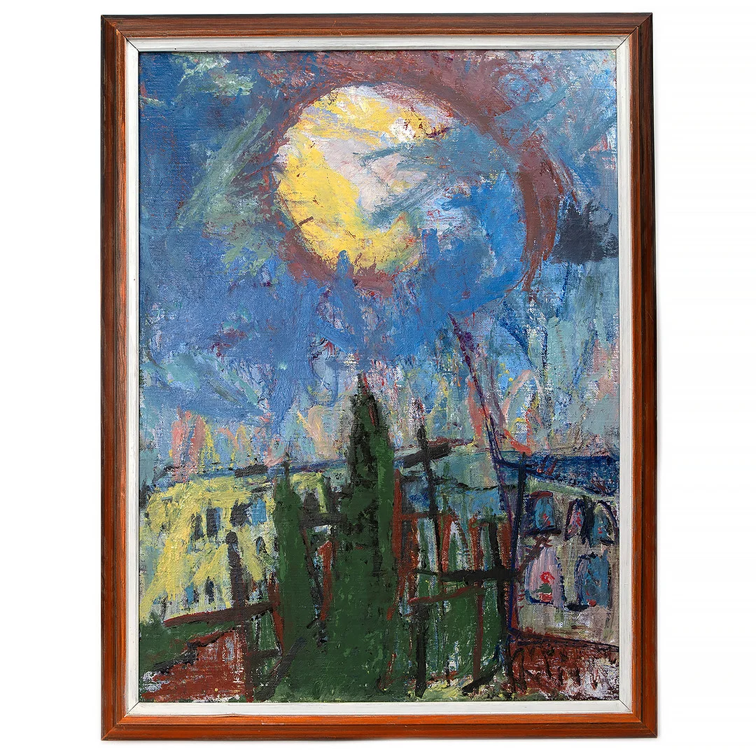 HERMAN TALVIK. Sol över staden, olja på duk, ej signerad. — Paintings — Stockholms Auktionsverk Göteborg