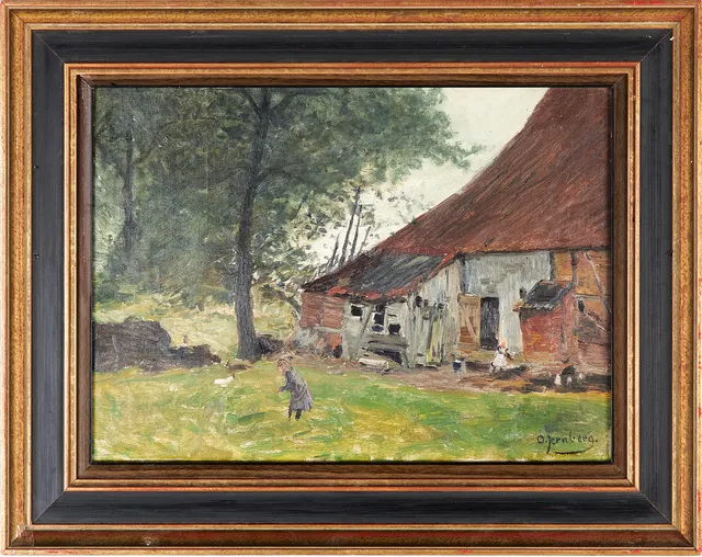 OLOF JERNBERG. Motiv med kvinna, barn samt boskap vid stuga, olja på duk, signerad O. Jernberg.