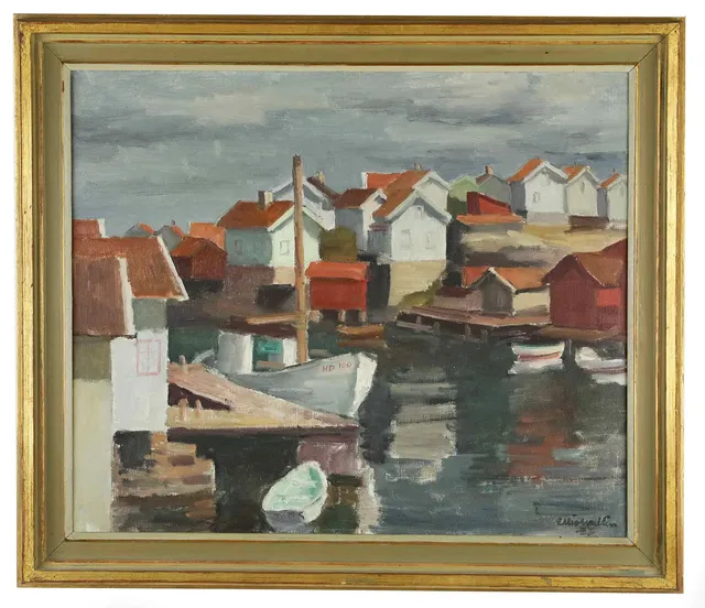ELLIS WALLIN. Olja på duk, Hamn, signerad, daterad.