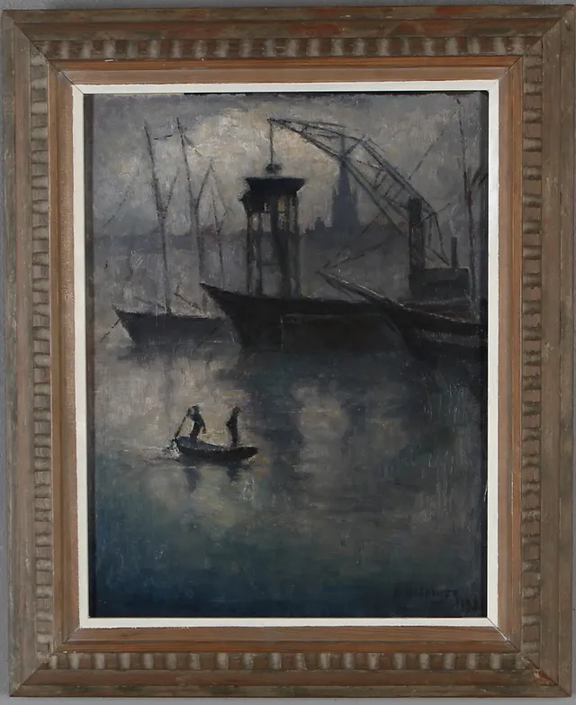 ÅKE NOTHBERG. Djurgårdvarvet, olja på pannå, signerad och daterad 1921.