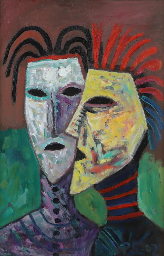 PAAVO SARELLI. Figurer med masker, olja på pannå, signerad S.P. -02.