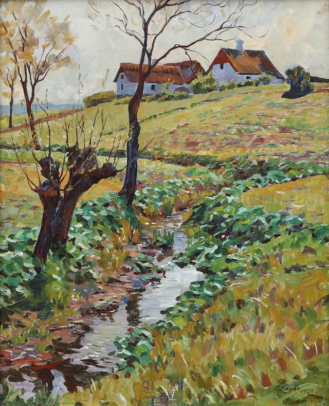 EINAR BAGER (1887-1990). Gård i vårlandskap, olja på pannå, signerad och daterad 1928.
