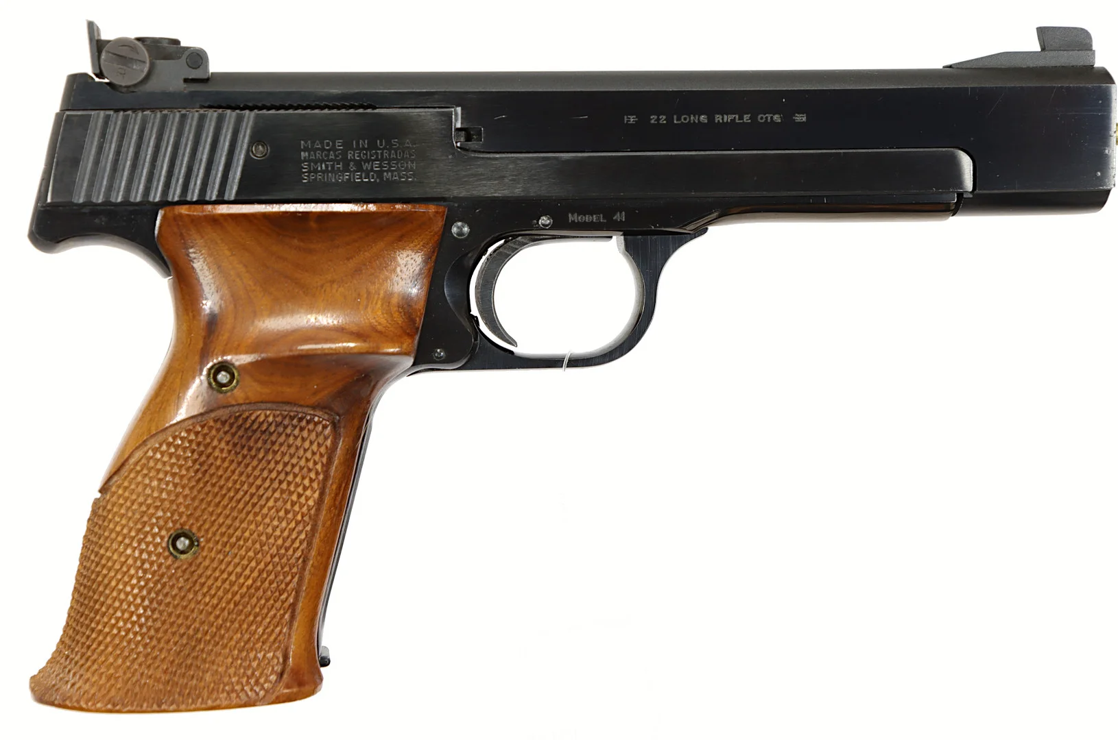 PISTOL, Halvautomatisk, fabrikat Smith & Wesson, modell 41, kaliber .22LR, tillv.nr A195159, se-nr begagnad. — Pistols — Walter Borg
