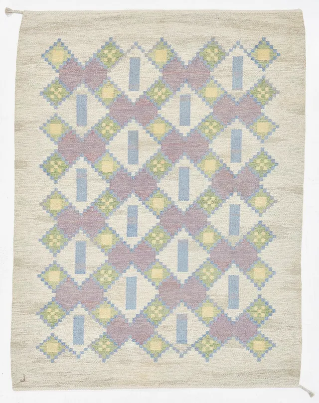 JUDITH JOHANSSON. "Pastella", matta, rölakan, polykrom geometrisk dekor mot grå botten, 220 x 170 cm.