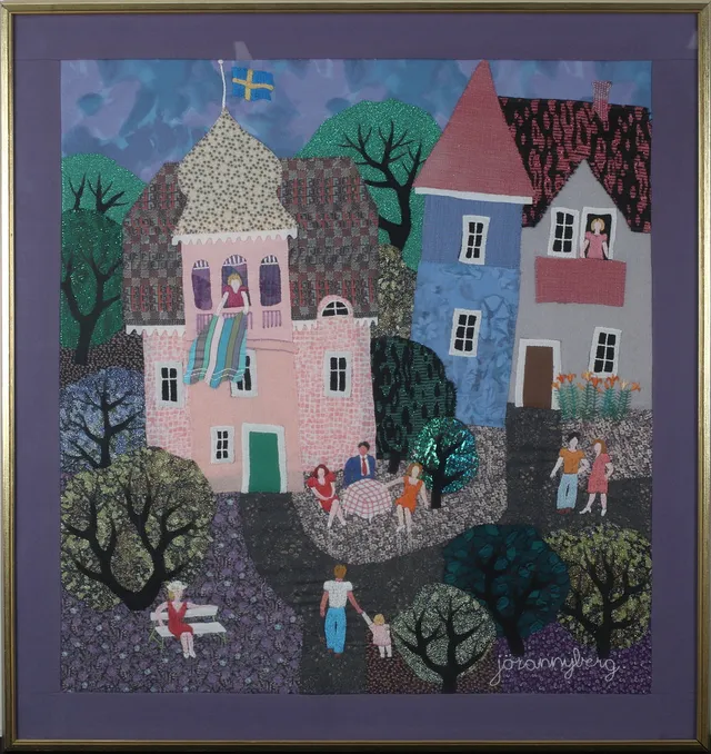 JÖRAN NYBERG. Vid rosa huset, textil med broderi, signerad.
