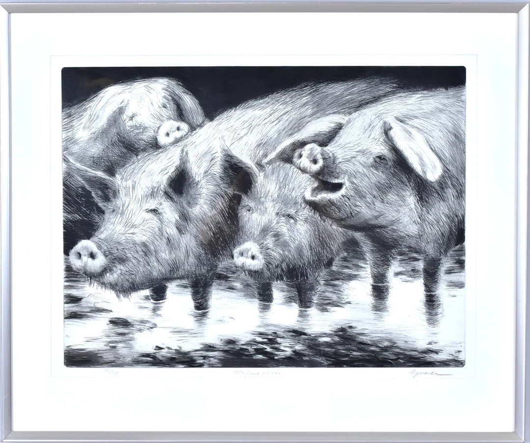 OLLE AGNELL. etsning, "Morfars grisar". — Engravings & Prints — Halmstads Auktionskammare
