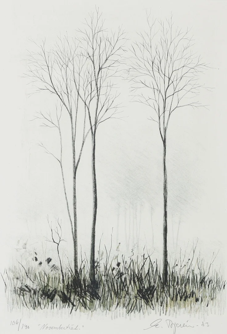 EKE BJERÉN. "Novemberträd", litografi, signerad E. Bjerén -83. — Engravings & Prints — Helsingborgs Auktionskammare