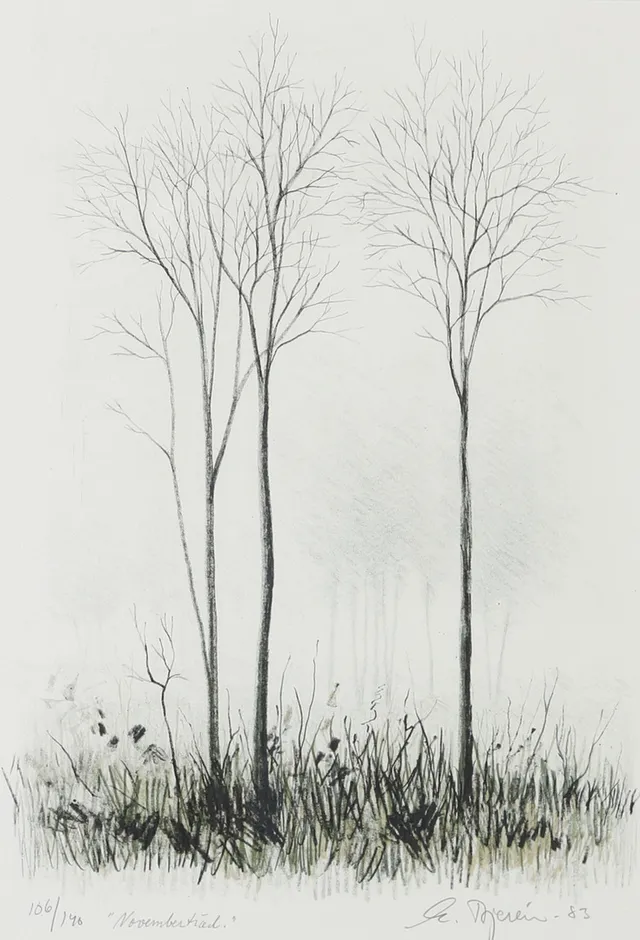 EKE BJERÉN. "Novemberträd", litografi, signerad E. Bjerén -83.
