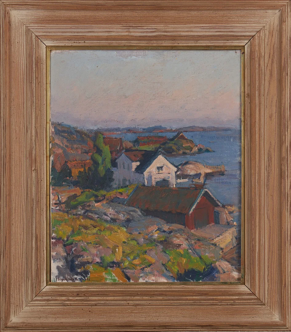 SIGNE BARTH (1895-1982). ”Hus vid stranden, Kyrkesund", olja på duk, signerad och daterad 1949. — Paintings — Stockholms Auktionsverk Magasin 5