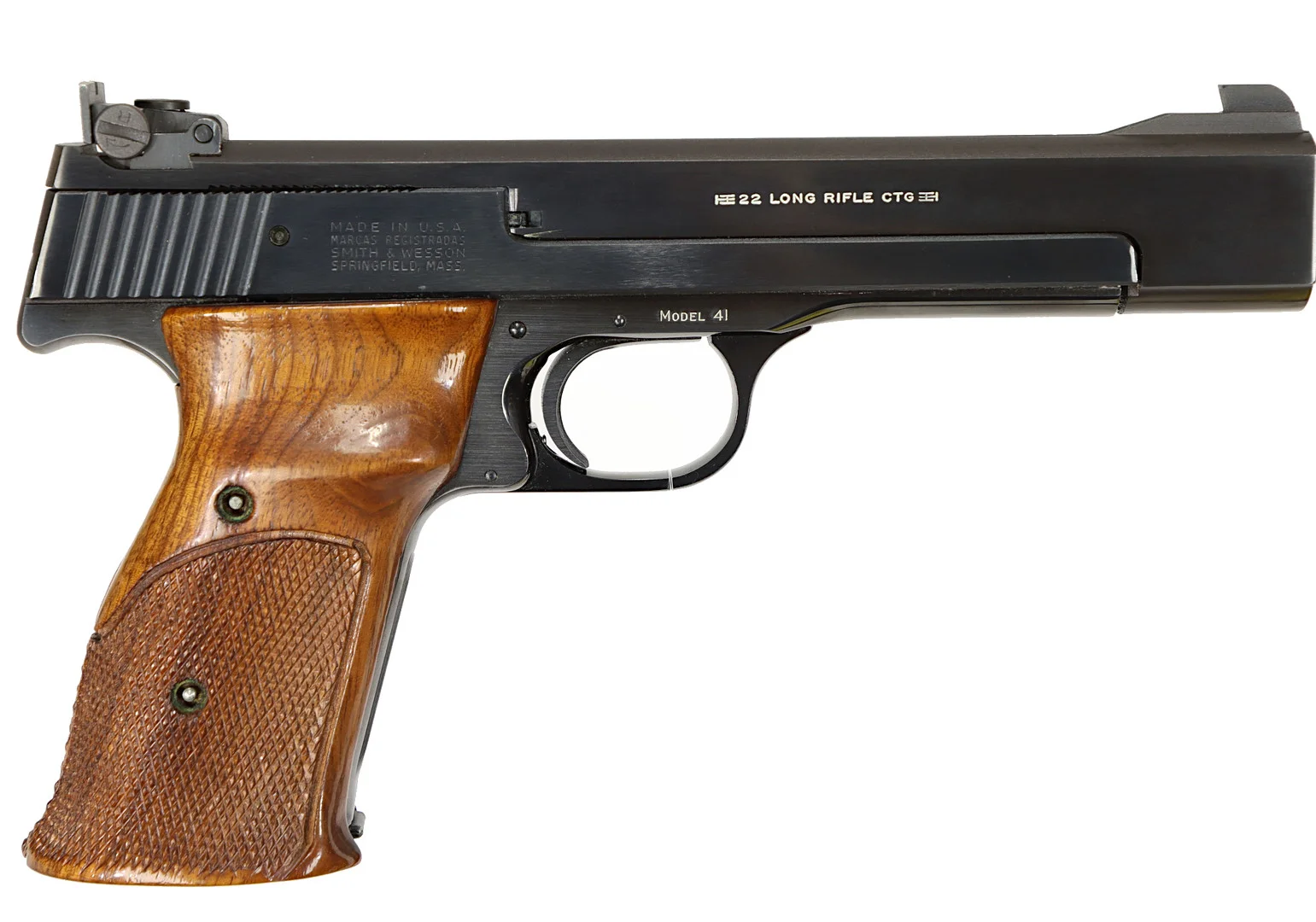 PISTOL, Halvautomatisk, fabrikat Smith & Wesson, modell 41, kaliber .22, tillv.nr A597637, se-nr SE1899356. — Pistols — Walter Borg