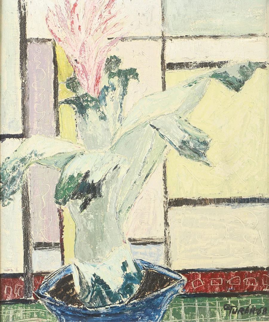 GRETHA TURÉN. Blomma, olja på pannå, signerad G. Turén -68. — Paintings — Helsingborgs Auktionskammare