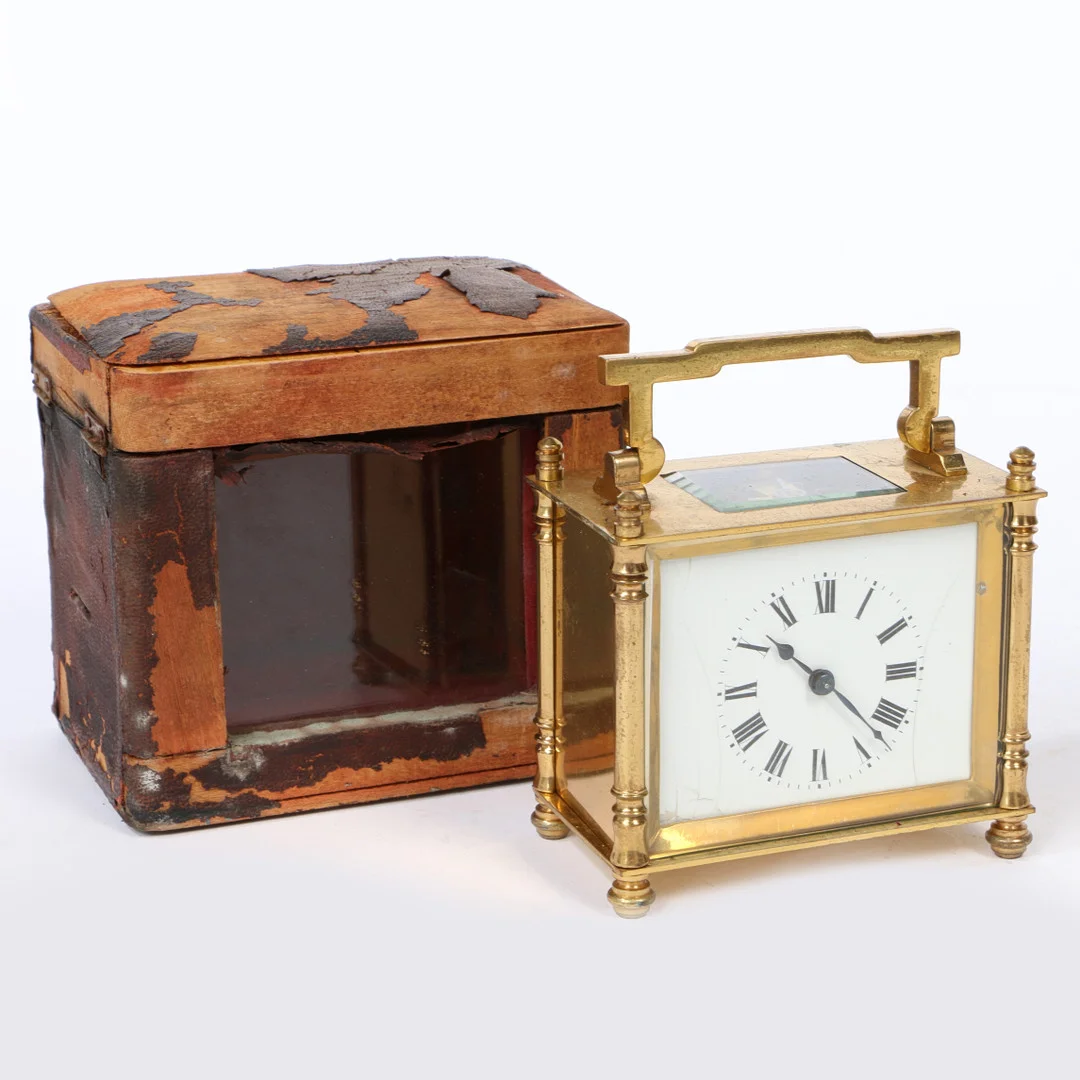 A 20TH CENTURY OBLONG BRASS CASED CARRIAGE CLOCK, FRENCH. — Carriage & Miniature Clocks — Bishop & Miller