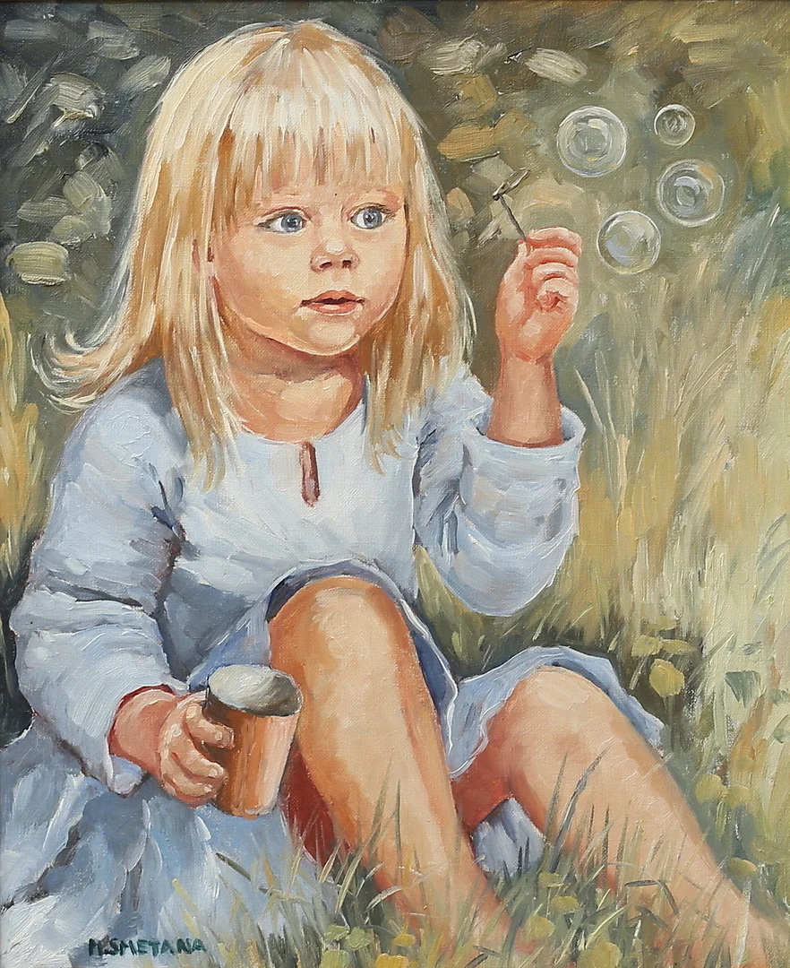 MONICA SMETANA. Flicka blåser såpbubblor. Olja på duk, signerad. — Paintings — Växjö Auktionskammare