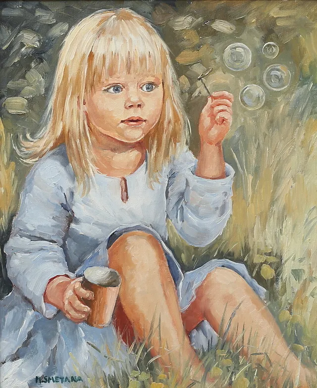 MONICA SMETANA. Flicka blåser såpbubblor. Olja på duk, signerad.