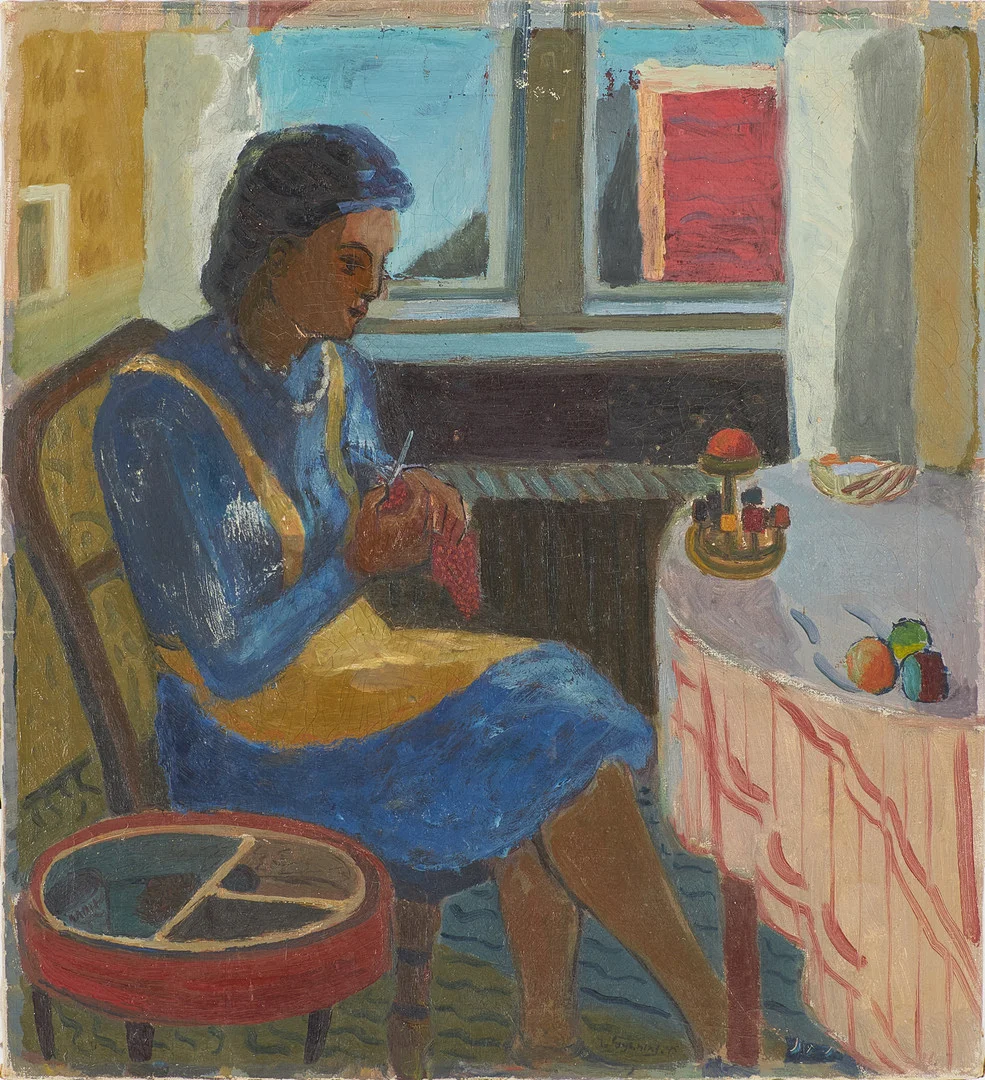 LARS GYNNING (1920-2003). "Stickande kvinna", olja på duk, signerad, daterad -45. — Paintings — Stockholms Auktionsverk Sickla