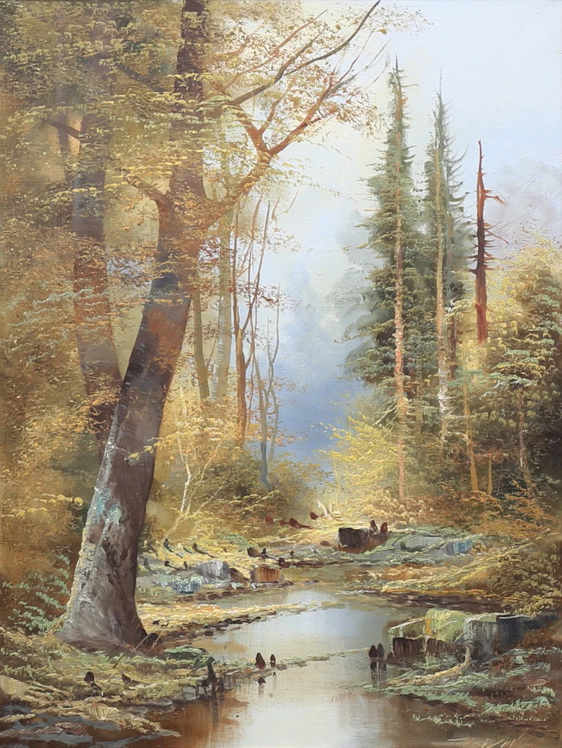 OIDENTIFIERAD KONSTNÄR. Skogslandskap med vattendrag. Olja på duk, otydligt signerad. — Paintings — Auktionshuset Thelin & Johansson