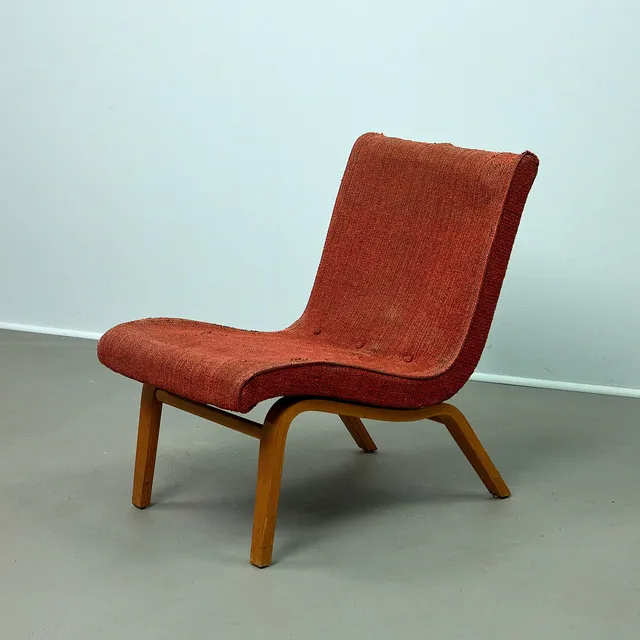 HARTMUT LOHMEYER. für Pforzheimer Möbelwerkstätten (PMW). Lounge Chair / Sessel, Holz und Stoff, 1950er Jahre, Deutschland.