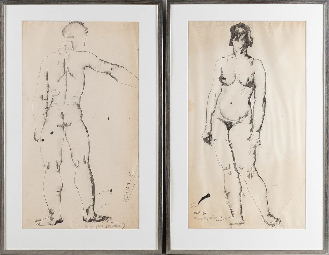 INGEGERD TORHAMN. Porträtt, ett par, blandteknik på papper. — Paintings — Stockholms Auktionsverk Helsingborg
