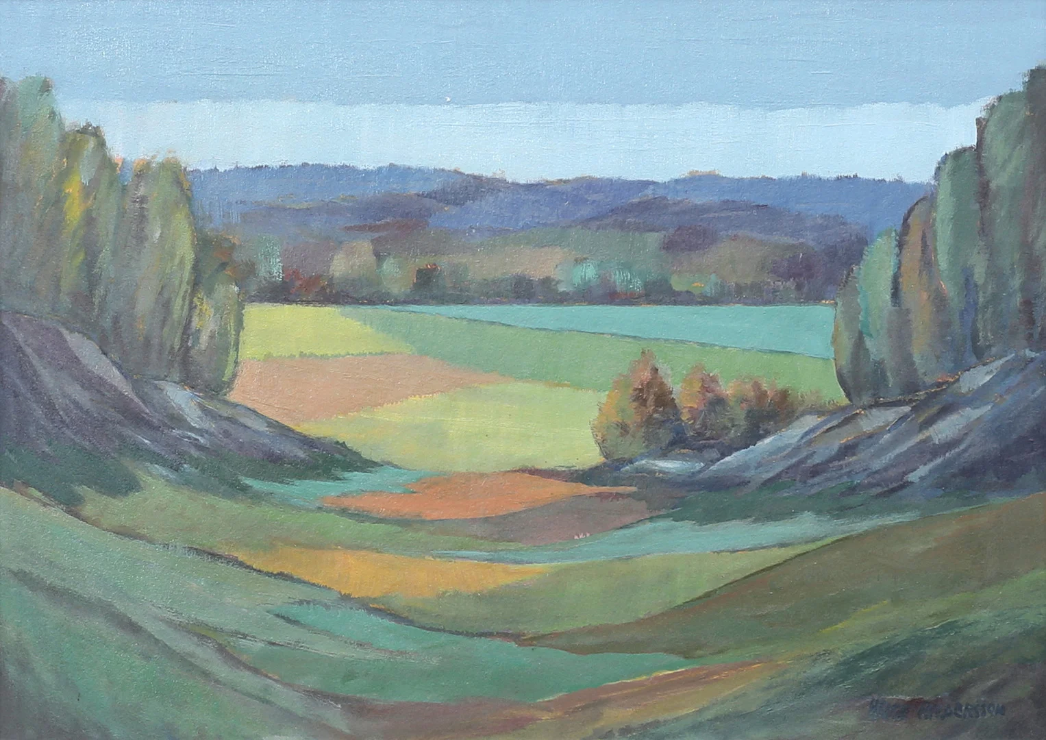 HELGE ANDERSSON. Odlingslandskap. Olja på pappannå, signerad. — Paintings — Auktionshuset Thelin & Johansson