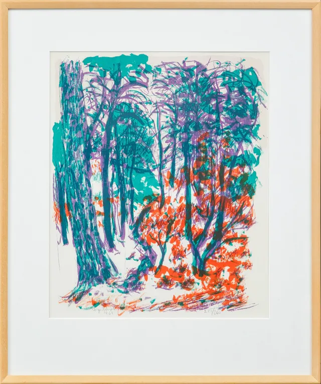INGE SCHIÖLER. Vildvuxen skog, färglitografi, signerad, numrerad 251/360 samt daterad 1969.
