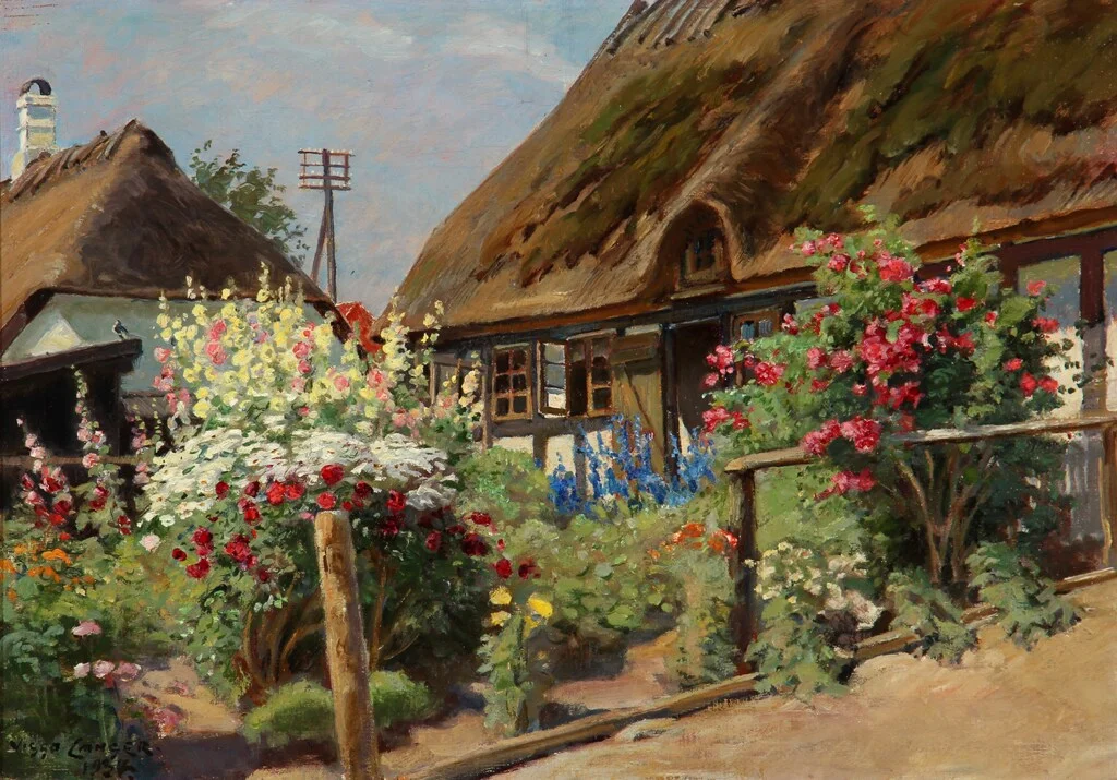 Viggo Langer. Bondehus med blomstrende have, parti fra landsbyen Vester Aaby, Fyn. — Paintings and sculptures/Older pictorial arts — Lauritz