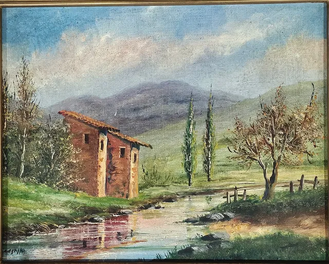 FIRMA ILEGIBLE. Paisaje con riachuelo, óleo sobre lienzo.